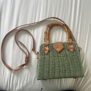 Green Woven Handbag with Bamboo Handles